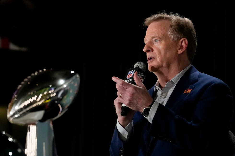 NFL commissioner Roger Goodell speaks during a news conference, Monday, Feb. 3, 2025, in New...