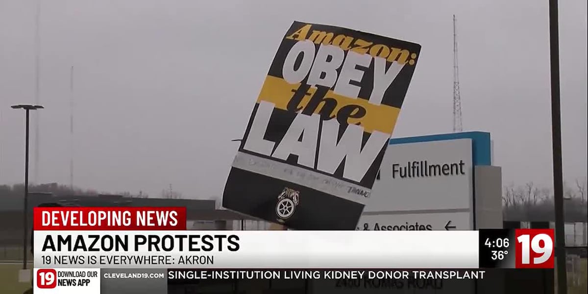 Akron Amazon Building Akron teamsters continue picketing in front of Amazon center in support ...