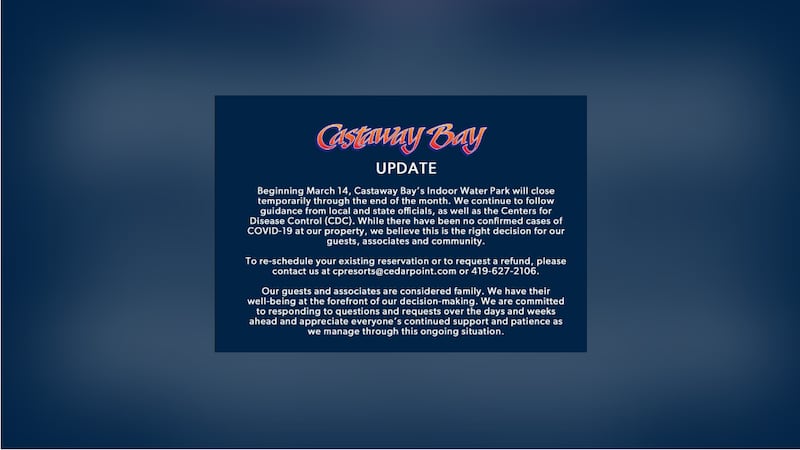 Cedar Point’s Castaway Bay’s Indoor Water Park closed through end of month due to COVID-19 crisis