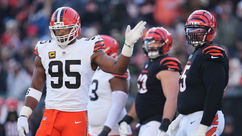 Cleveland Browns defensive end Myles Garrett (95) gestures during the first half of an NFL...