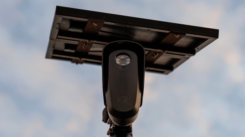 FILE - A Flock Safety license plate reader is seen along a public road, Oct. 16, 2025, in...