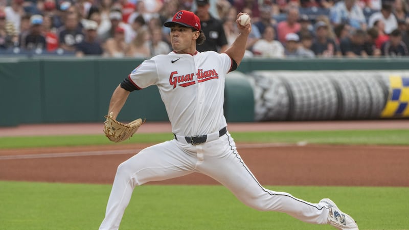 Cleveland Guardians starting pitcher Joey Cantillo delivers against the San Diego Padres...