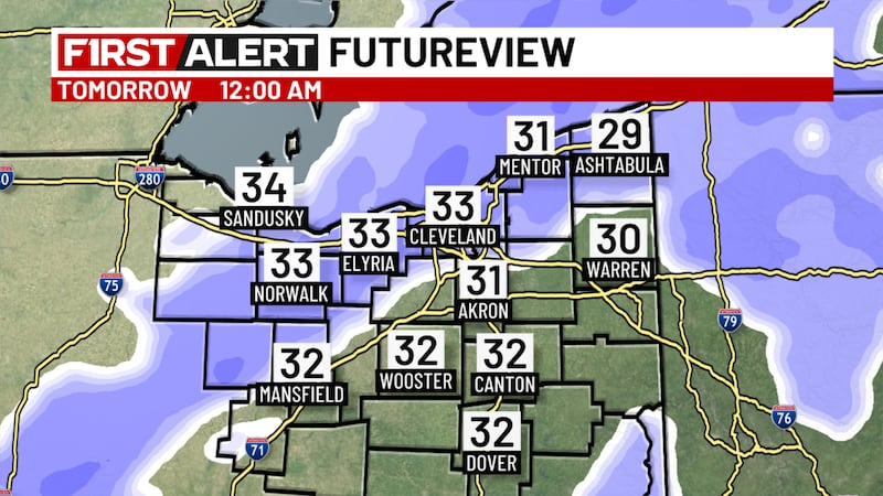 Windy tonight with a round of snow. 1" or less of snowfall. Not as cold.