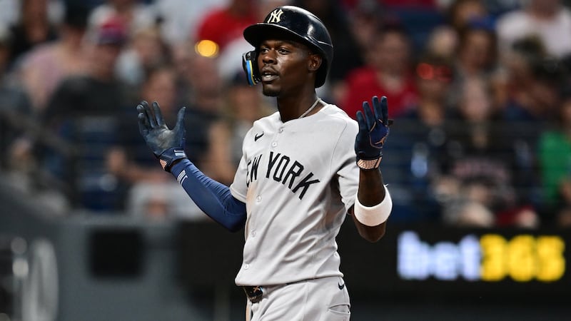 New York Yankees' Jazz Chisholm Jr. celebrates after hitting a solo home run off Cleveland...