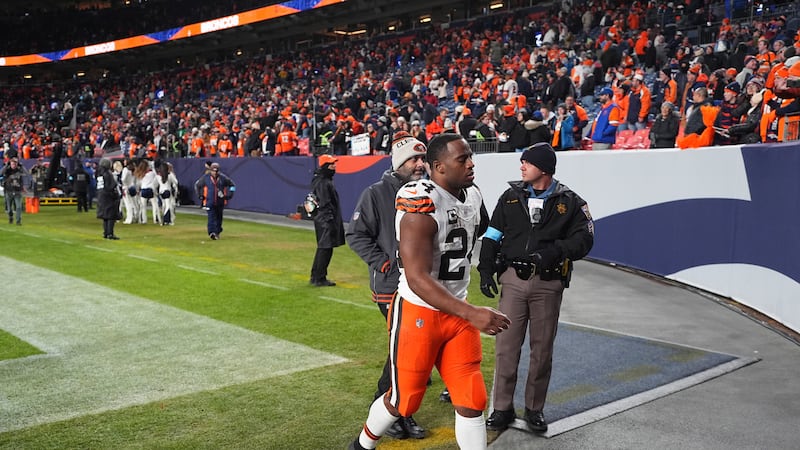 Cleveland Browns running back Nick Chubb (24) after an NFL football game Monday, Dec. 2, 2024,...