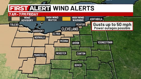 A Wind Advisory is in effect for several counties in Northeast Ohio from 7 a.m. to 7 p.m. Friday.
