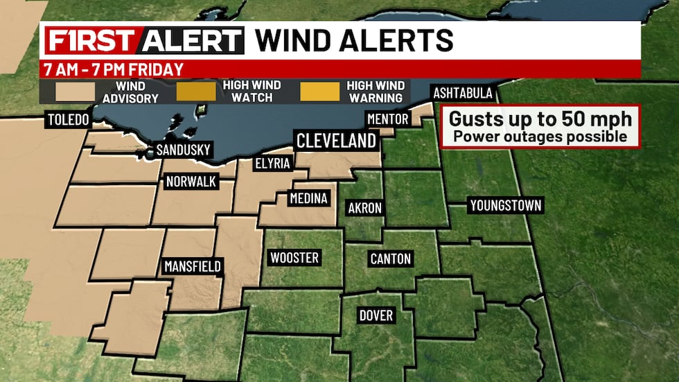 یک هشدار باد برای چندین شهرستان در شمال شرقی اوهایو از ساعت 7 صبح تا 7 بعد از ظهر جمعه اجرا می شود.