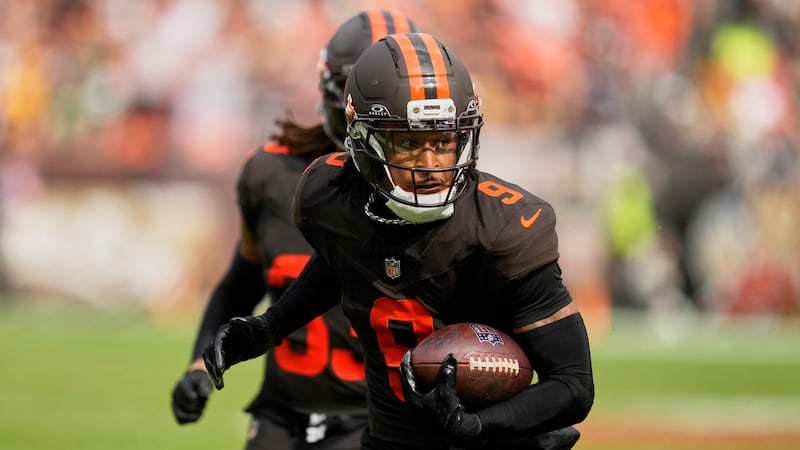 Cleveland Browns safety Grant Delpit runs after intercepting a pass during the second half of...