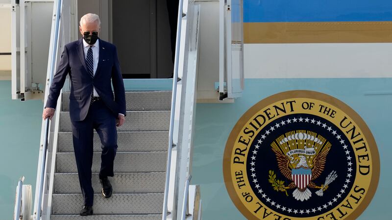 U.S. President Joe Biden, disembarks from Air Force One on his arrival at Osan Air Base in...
