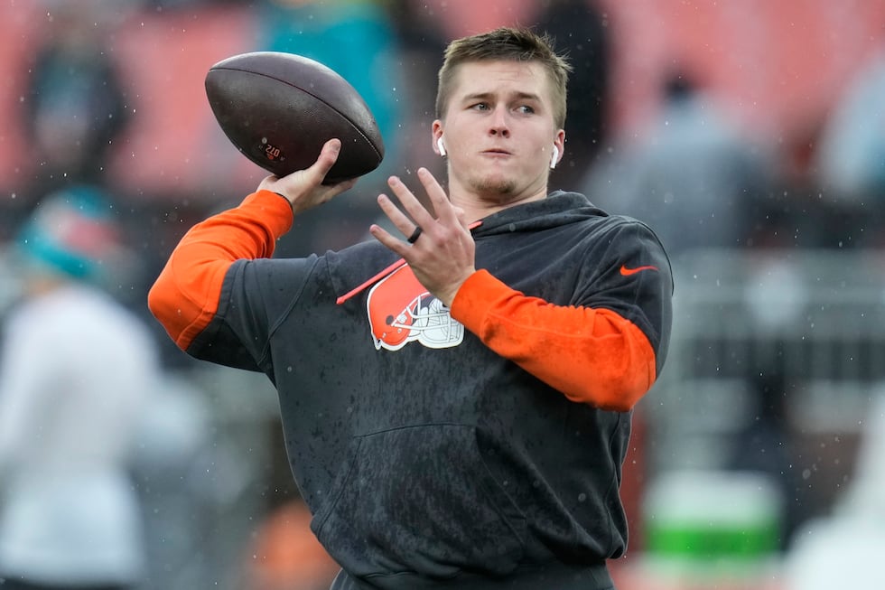 FILE - Cleveland Browns quarterback Bailey Zappe (2) warms up before an NFL football game...