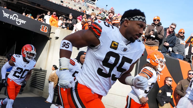 Cleveland Browns defensive end Myles Garrett (95) jogs out of the tunnel prior to an NFL...