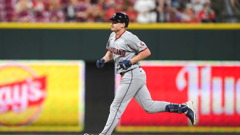 Cleveland Guardians' Kyle Manzardo rounds the bases after hitting a solo home run during the...