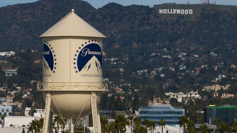 FILE - The Paramount Pictures water tower is seen in Los Angeles, Dec. 18, 2025, with the...