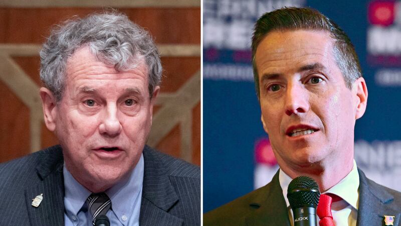 This combination photo shows Sen. Sherrod Brown, D-Ohio, Oct. 26, 2023, on Capitol Hill in...