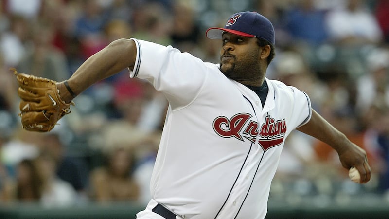 Cleveland Indians' C.C. Sabathia pitches to Baltimore Orioles' Javy Lopez during the third...
