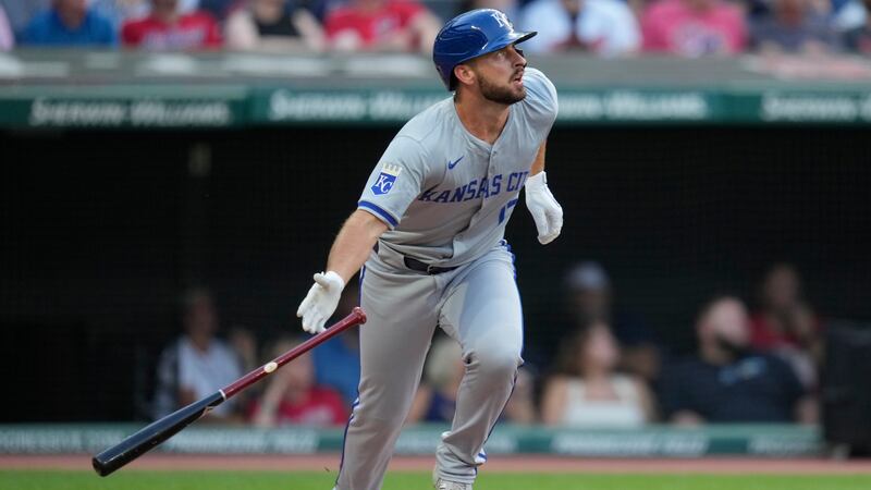 Kansas City Royals' Paul DeJong watches his home run in the second inning of a baseball game...