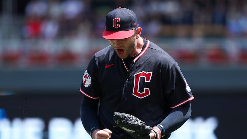 Cleveland Guardians starting pitcher Gavin Williams celebrates during the fifth inning of a...