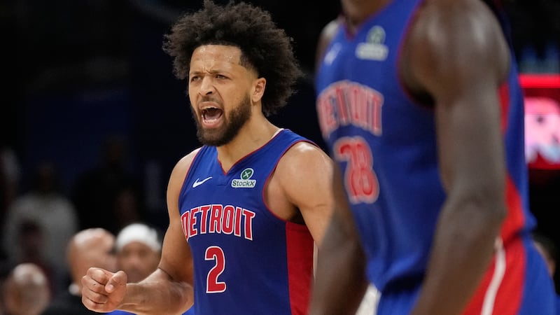 Detroit Pistons guard Cade Cunningham (2) reacts in the second half of an NBA basketball game...