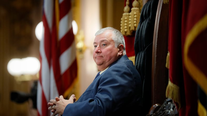 FILE - Ohio House Speaker Larry Householder sits at the head of a legislative session in...