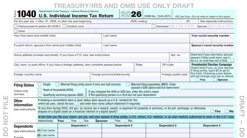 Draft 2026 IRS Form 1040 showing new citizenship question asking if filer is a US citizen,...