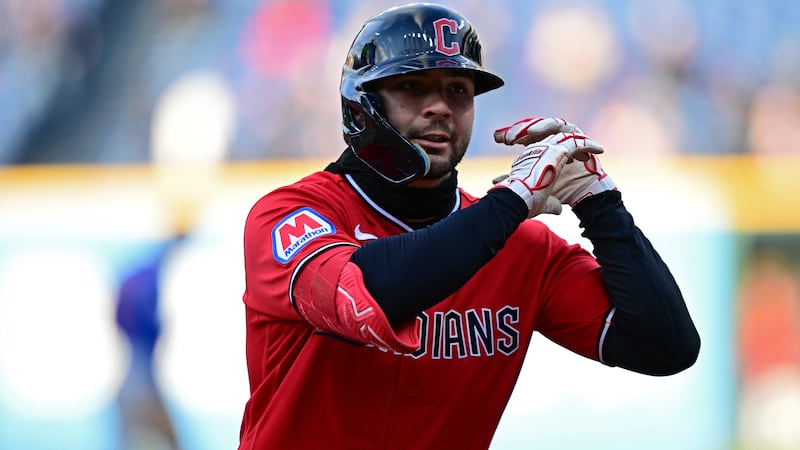 Cleveland Guardians' CJ Kayfus runs the bases after hitting a solo home run off Chicago Cubs...