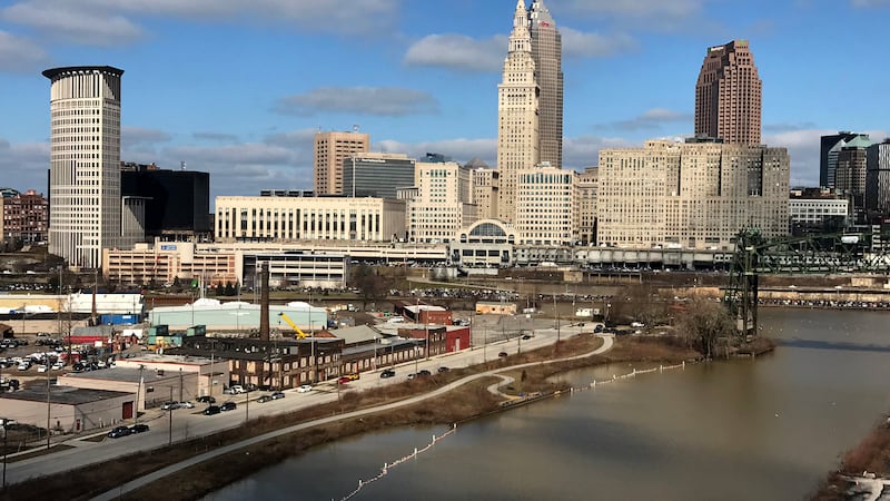 The Cleveland skyline taken from the Lorain-Carnegie Bridge.