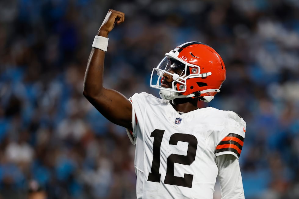 Cleveland Browns quarterback Shedeur Sanders celebrates after a touchdown pass against the...