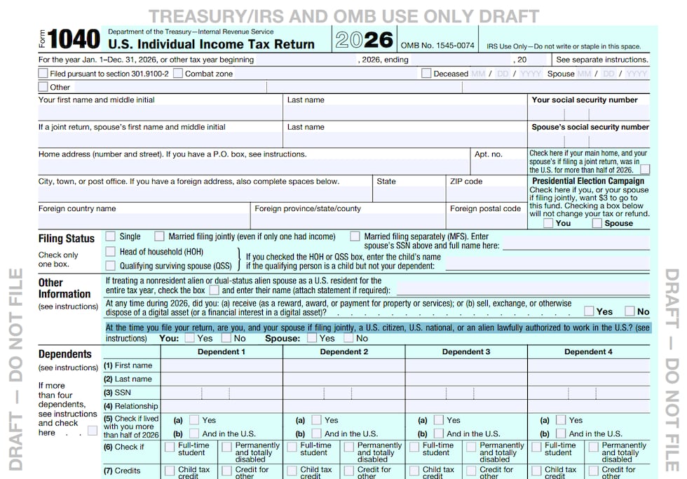 Draft 2026 IRS Form 1040 showing new citizenship question asking if filer is a US citizen,...