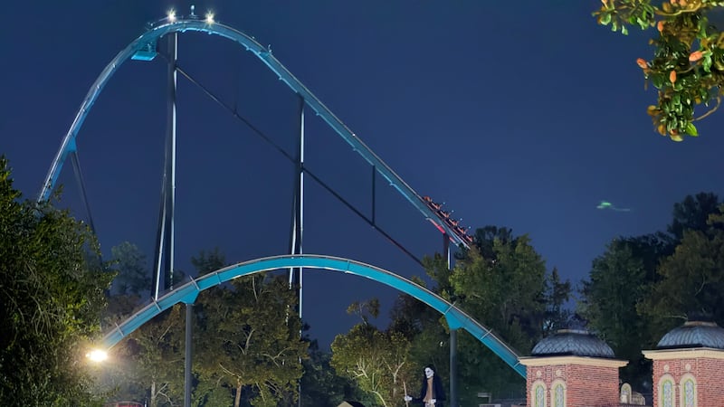 A roller coaster is shown at Six Flags over Georgia on Monday, Oct. 12, 2026 in Austell, Ga....