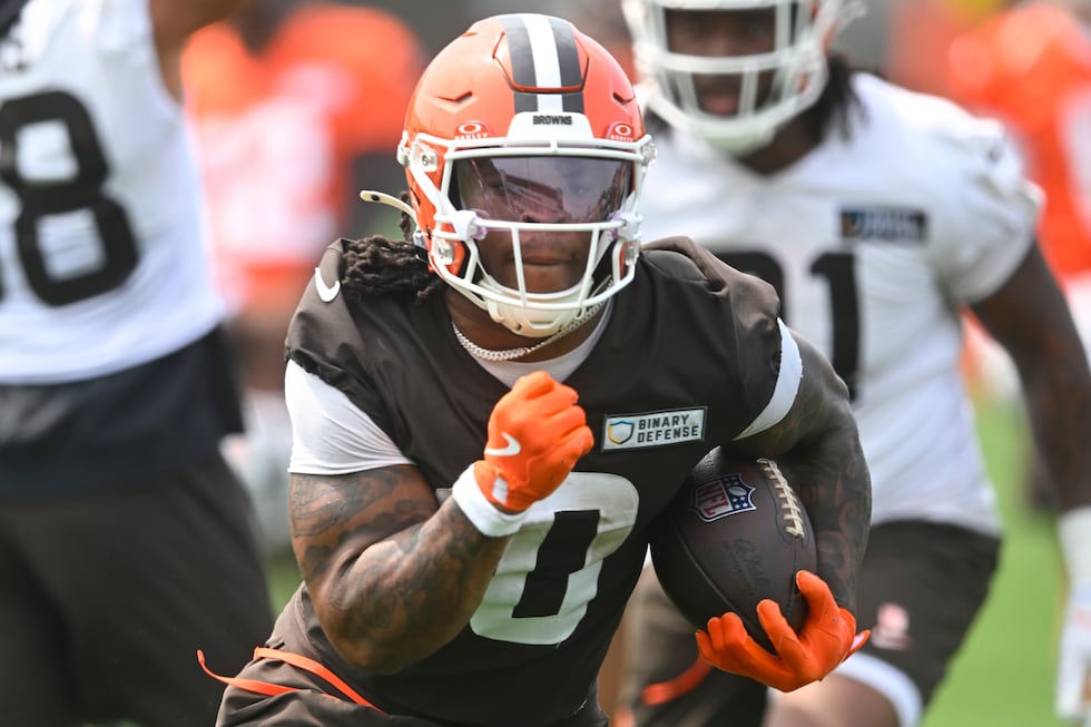 Cleveland Browns running back Quinshon Judkins (10) runs with the ball during NFL football...
