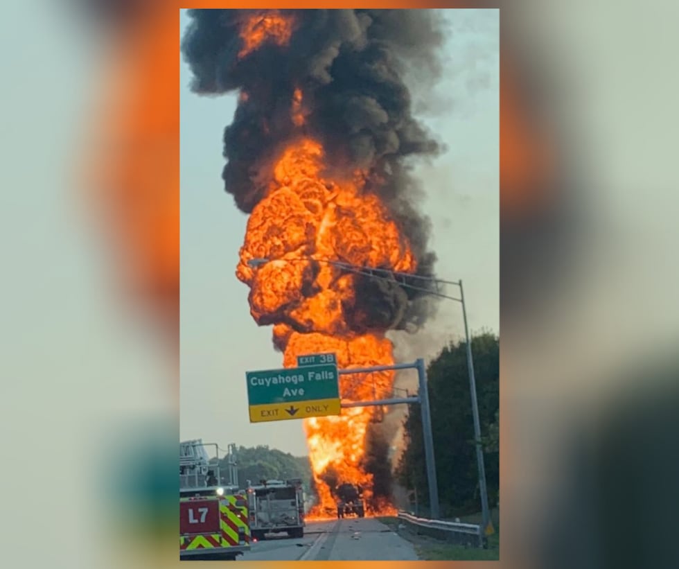 Fire after an incident involving a car and a tanker on Route 8 in Akron.