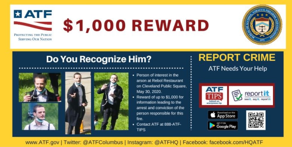 $1,000 reward for information leading to arrest of who set Rebol Restaurant on fire in May 30...