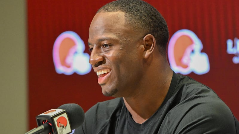 Former Cleveland Browns running back Nick Chubb speaks to reporters during a news conference,...