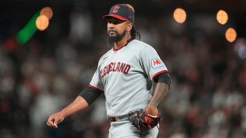 FILE - Cleveland Guardians pitcher Emmanuel Clase during a baseball game against the San...