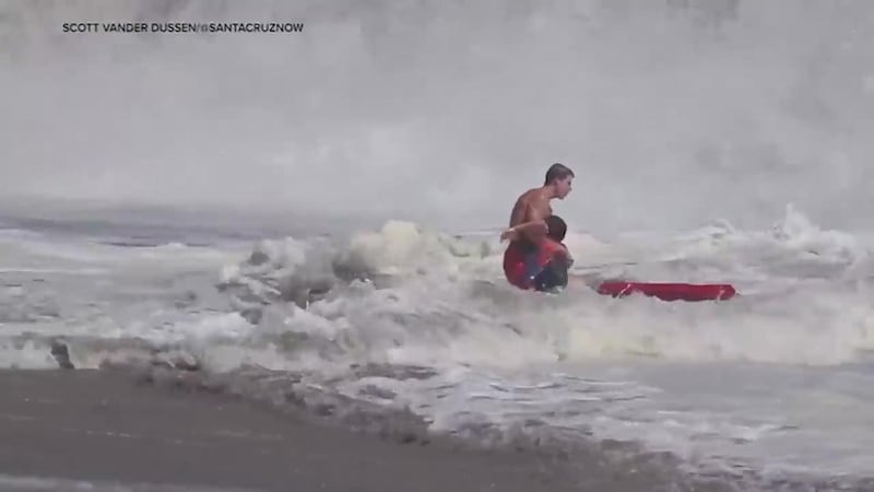 A teen lifeguard rushed in to help a boy swept out by dangerous waves. (KGO, SCOTT VANDER...