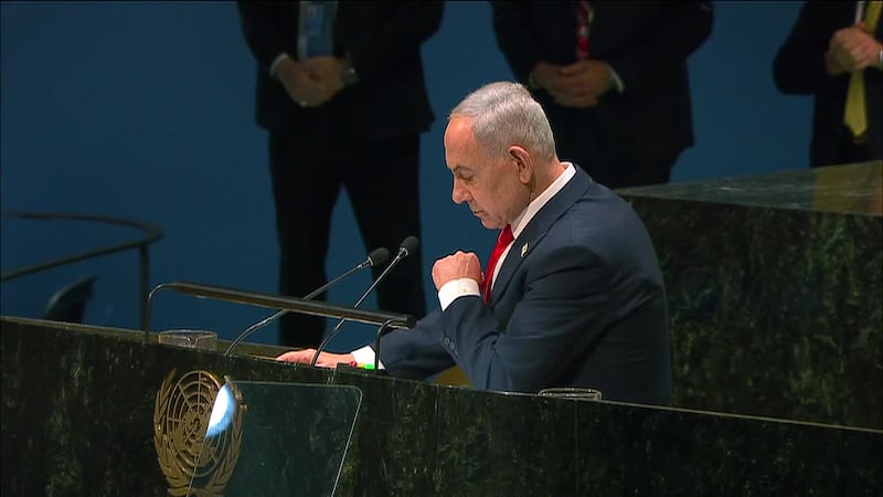 In his speech at the U.N. General Assembly in New York, Netanyahu said the Oct. 7 attacks were...