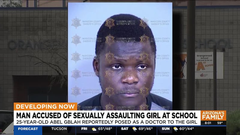 Police say 25-year-old Abel Gblah managed to get onto a school campus through a security door.